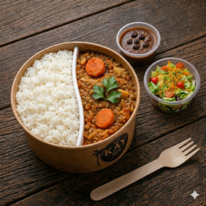 Menu Bœuf, riz blanc, légumes & sauce pois